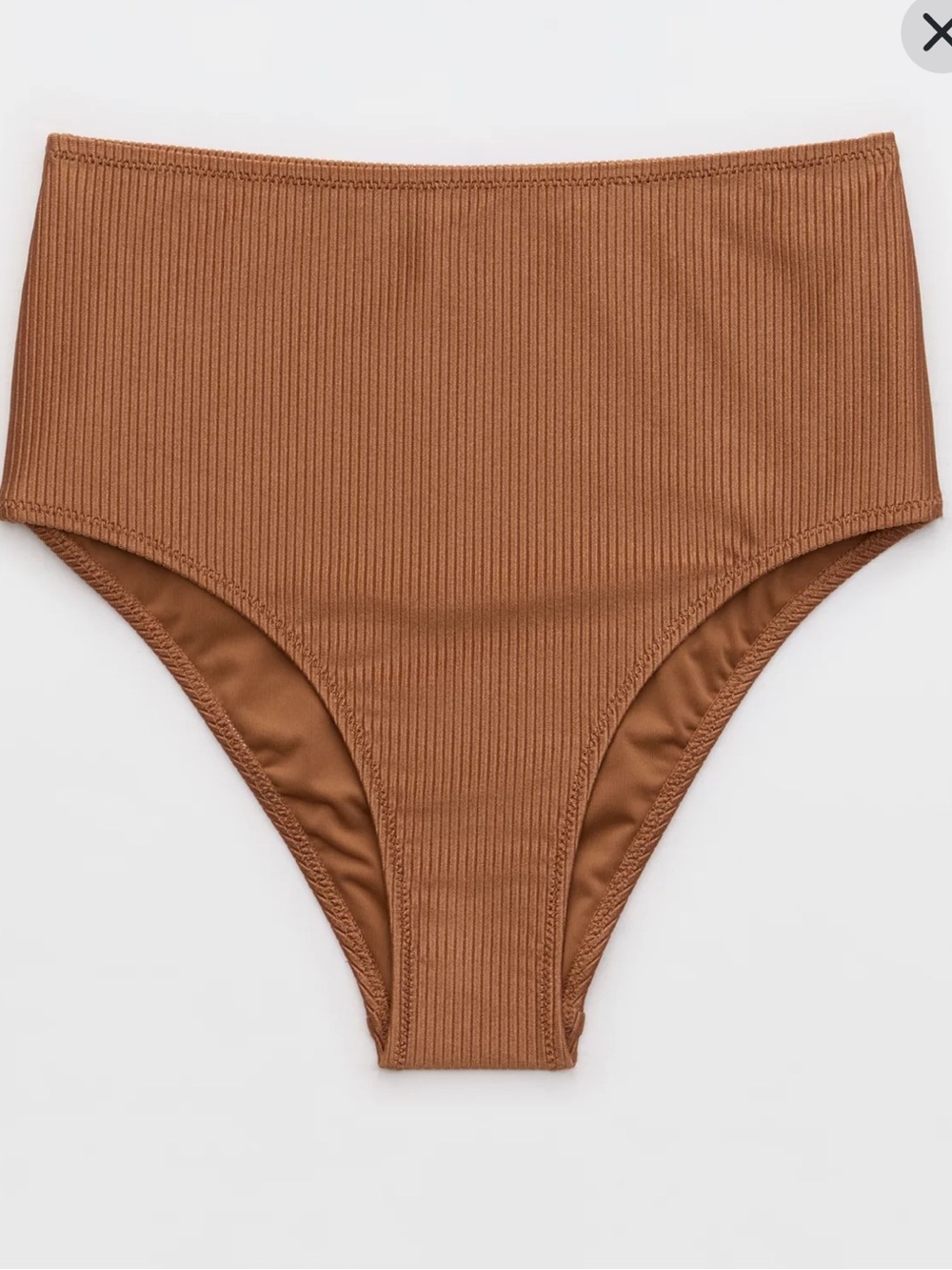 NWT Aerie Shine Rib High Waisted Cheeky Bikini Bottom - size S - Brown/Horizon